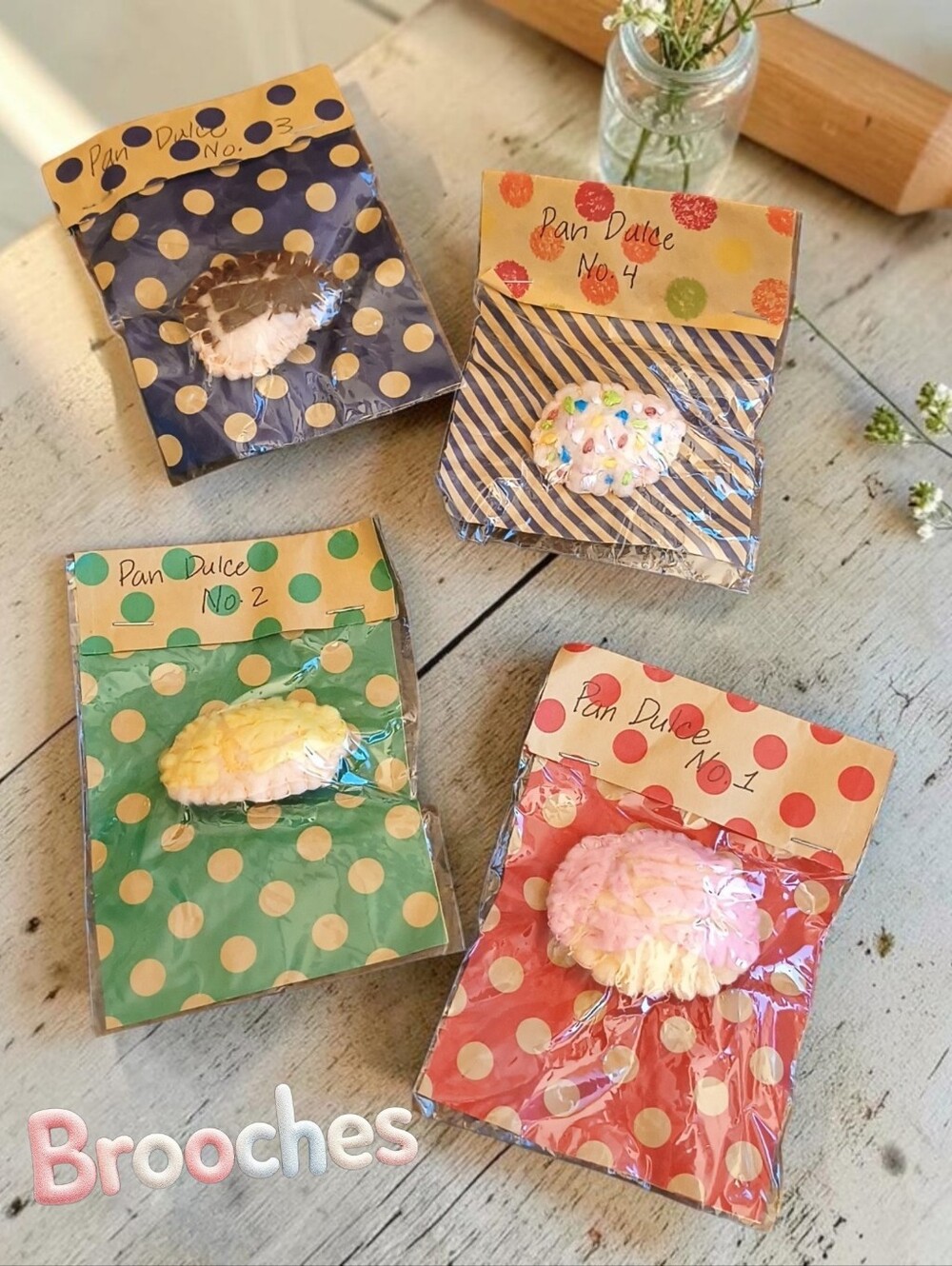 Mexican Pastries "Pan Dulce" Conchas Handcrafted Brooches Set of Four